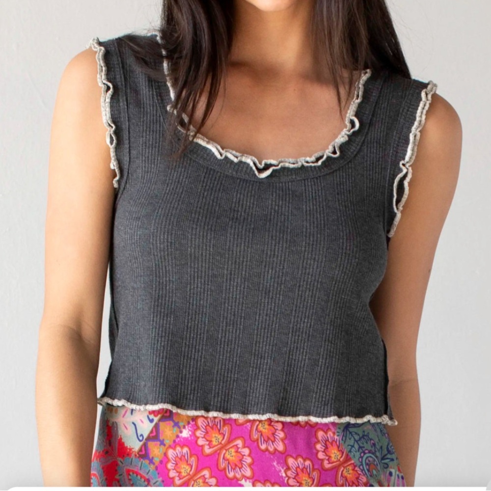 Charcoal Ruffle Trim Tank Top